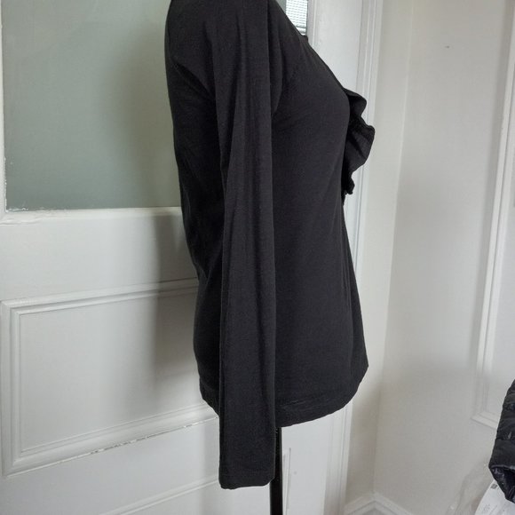 Lilla P Black Pima Cotton Long Sleeve Tee V Neck Ruffle Size S Made in Peru - Picture 3 of 12